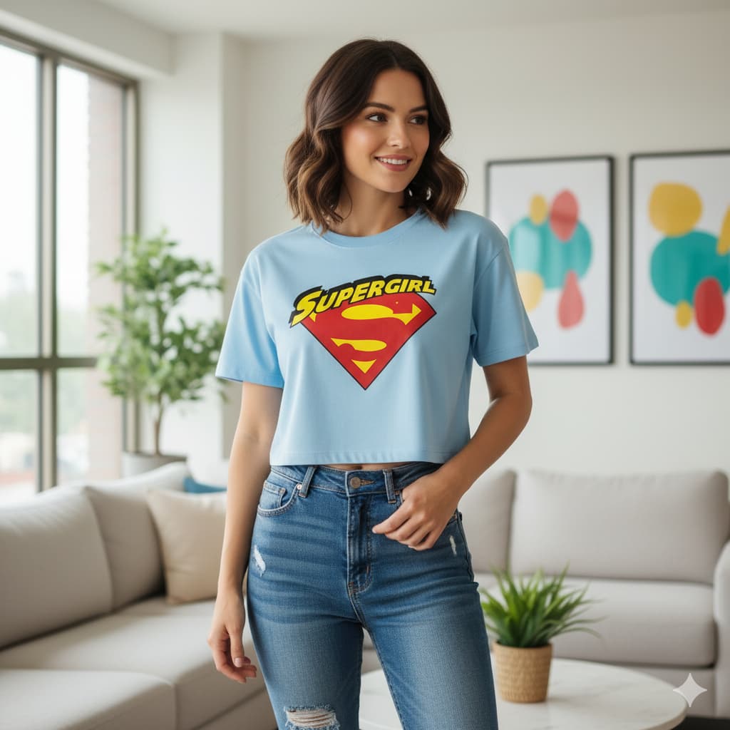 BLUSA ESTILO CROPPED ESTAMPADO SUPER GIRL HEROIS ROUPA FÃ MODERNA