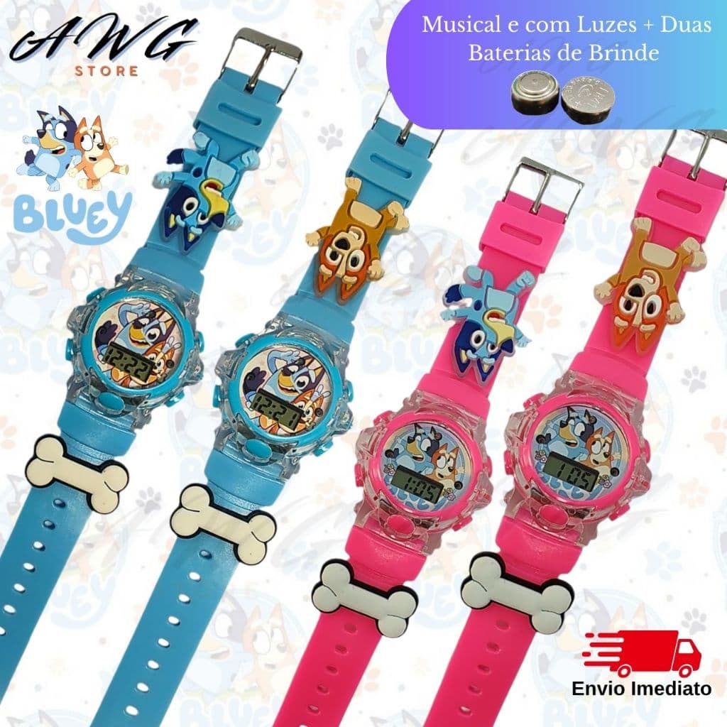 Relógio Musical Bluey e Bingo com Luz de LED Infantil – Envio Imediato