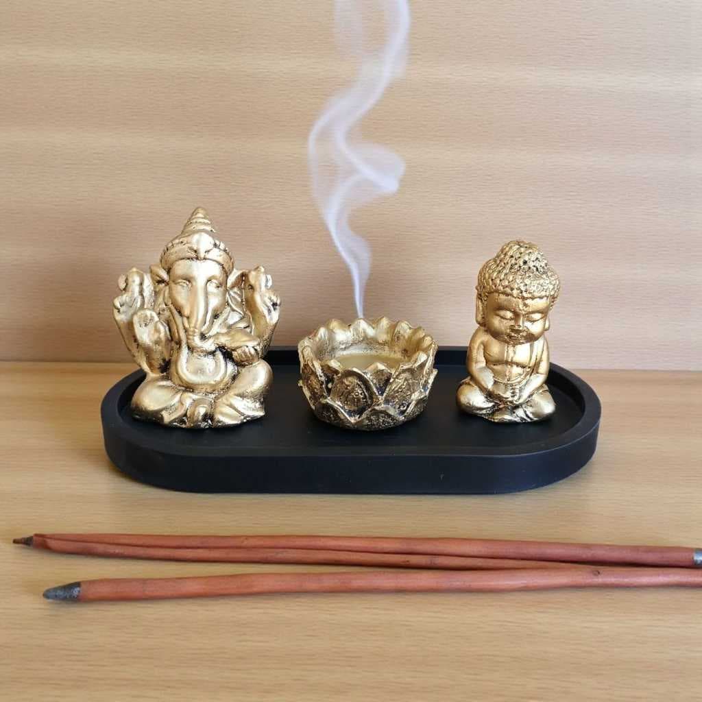 Bandeja Decorativa com Budas da Sabedoria e Incensário