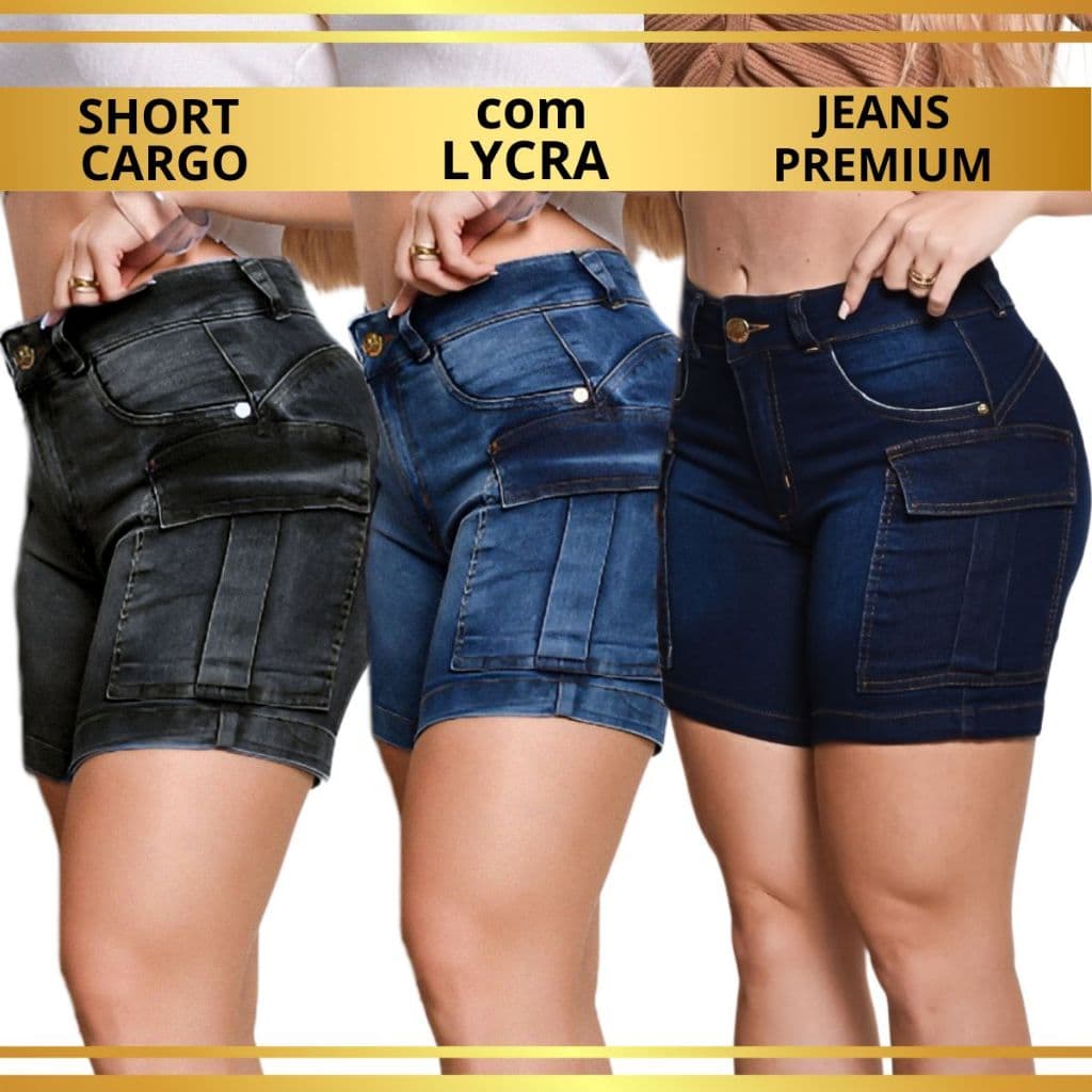 Bermuda Jeans Feminina Cargo Meia Coxa com Bolsos Laterais e Cintura Alta Com Lycra PREMIUM