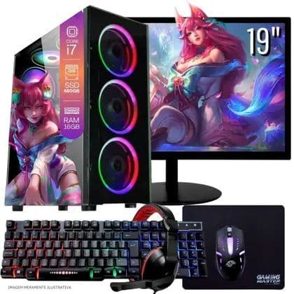 Computador PC Gamer Completo Intel Core i7 SSD 480GB 16GB Teclado Mouse Mouse Pad e Headset Gamer Monitor 19 Windows