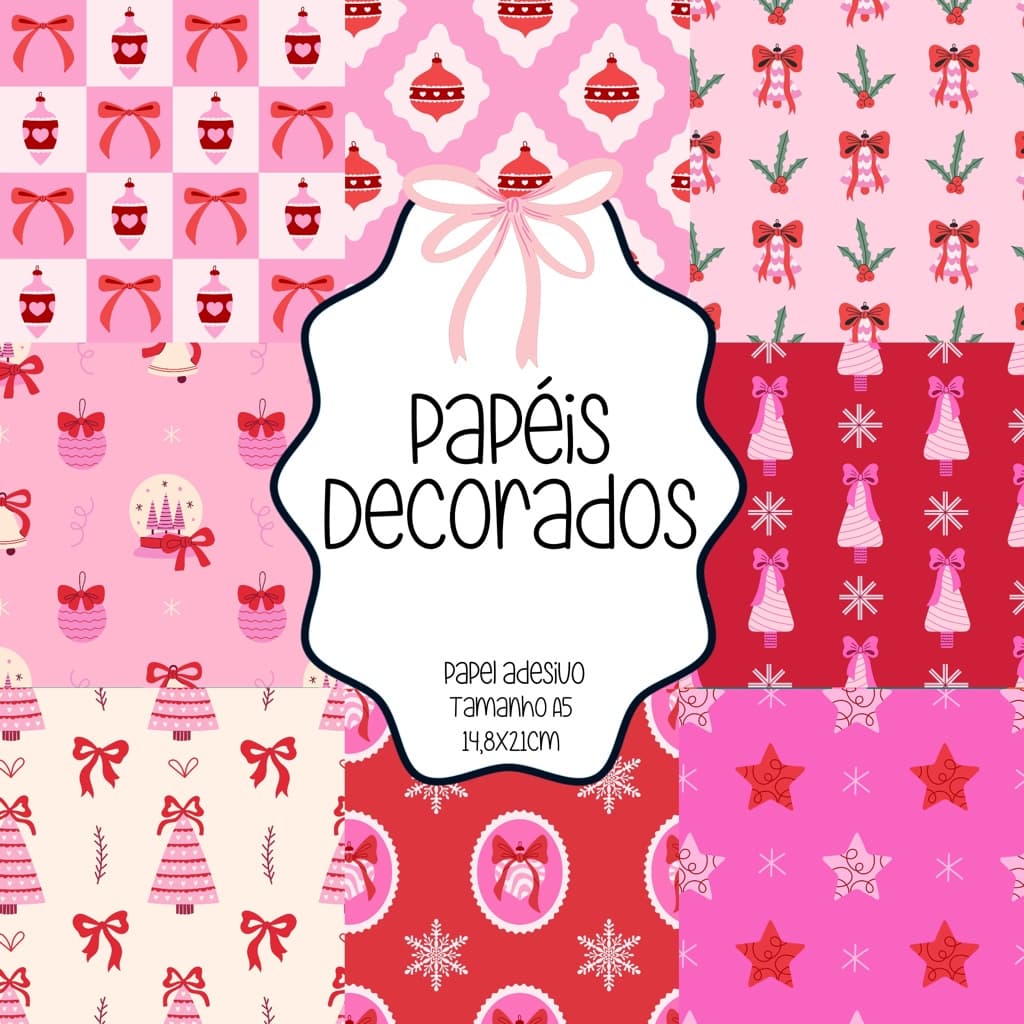 Papéis Decorados Adesivo scrapbook, colagens, planners e journaling - Tamanho A5 - All My Papers Pink Christmas Natal