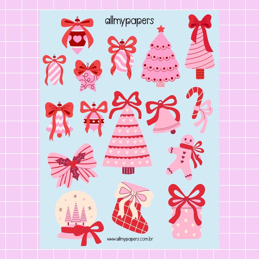 Cartela de Adesivos para Planner Bujo Journal Colagem Scrapbook Kindle - All My Papers Pink Christmas Natal Rosa