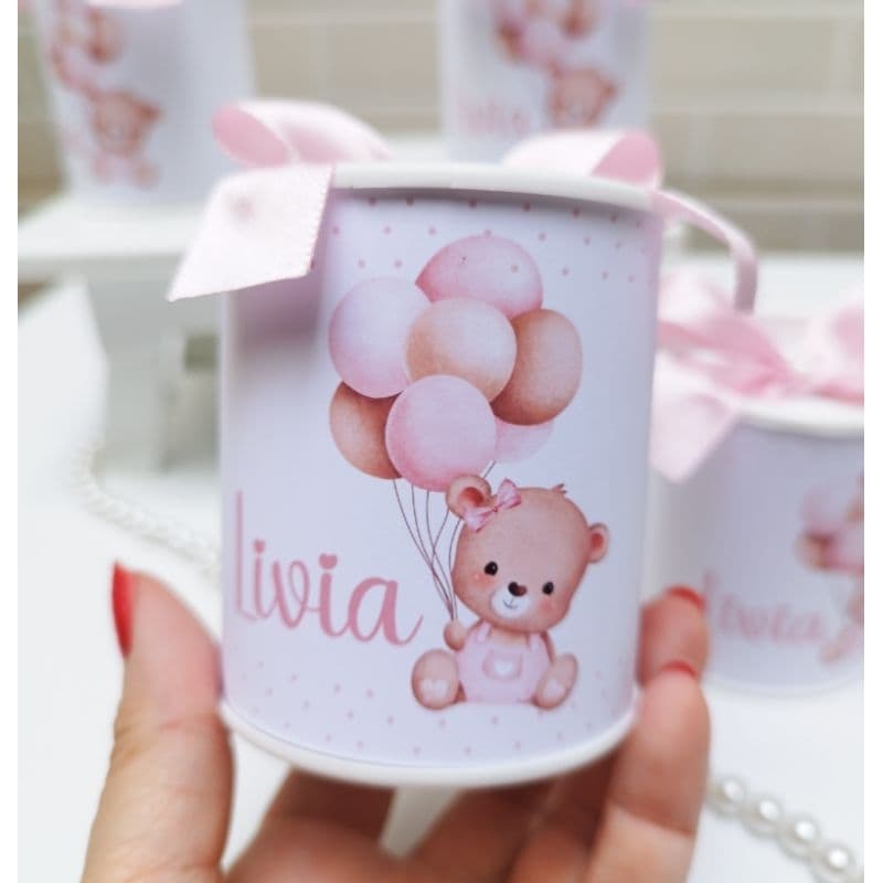 Tubolata Personalizada 7 x 6 Ursinha Rosa com Balão Lembrancinha Festa Infantil Maternidade Bebê Nascimento