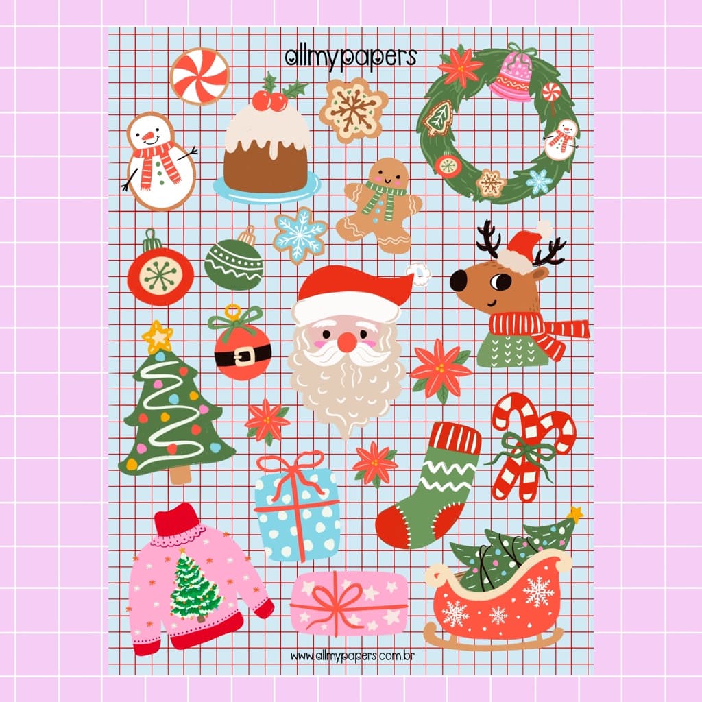 Cartela de Adesivos para Planner Bujo Journal Scrapbook Kindle - All My Papers Natal Christmas Time