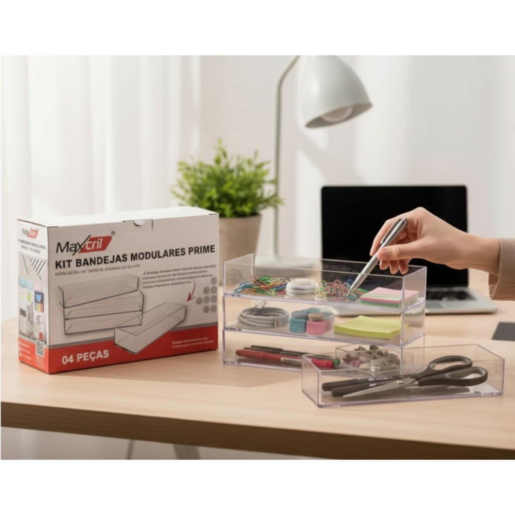 Bandejas Modulares Acrílico Transparente 4 peças Maxcril organizador Gaveta Escritório Maquiagem top