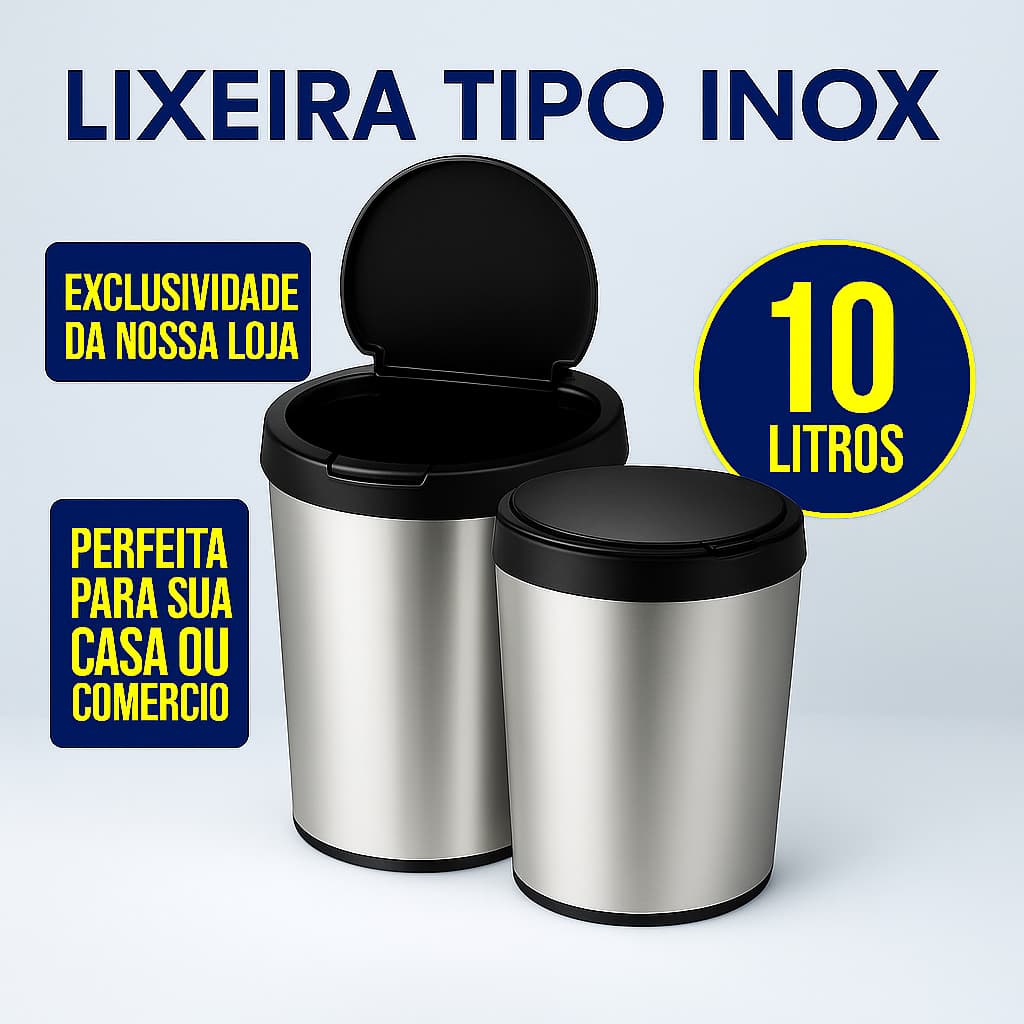 Lixeira Tipo Inox 10L com Tampa Click – 1 ou 2 Unidades para Banheiro, Cozinha, Escritório e Quarto