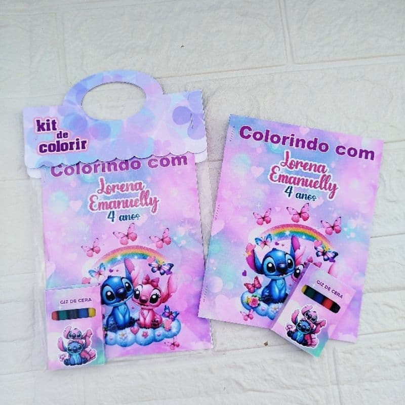 Kit Colorir com Livrinho De Colorir e Giz de Cera Personalizados Lembrancinha Stitch e Angel