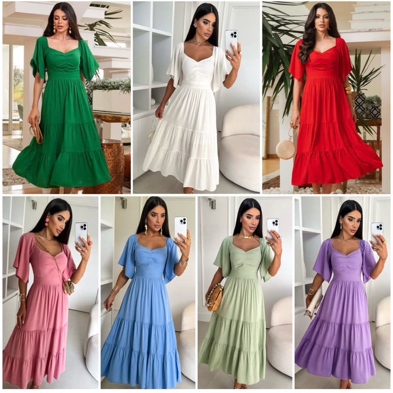 Vestido Mídi Manga tres marias Curta forrado moda evangélica Liso Tricoline Moda evangelica