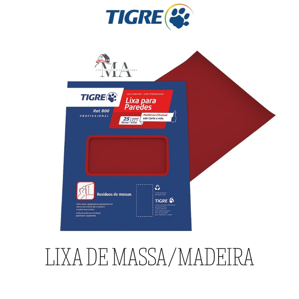 Lixa para Massa e Madeira Tigre 50, 60, 80, 100, 120, 150, 180, 220 Gesso, Alvenaria, Madeira - ESCOLHA A QUANTIDADE