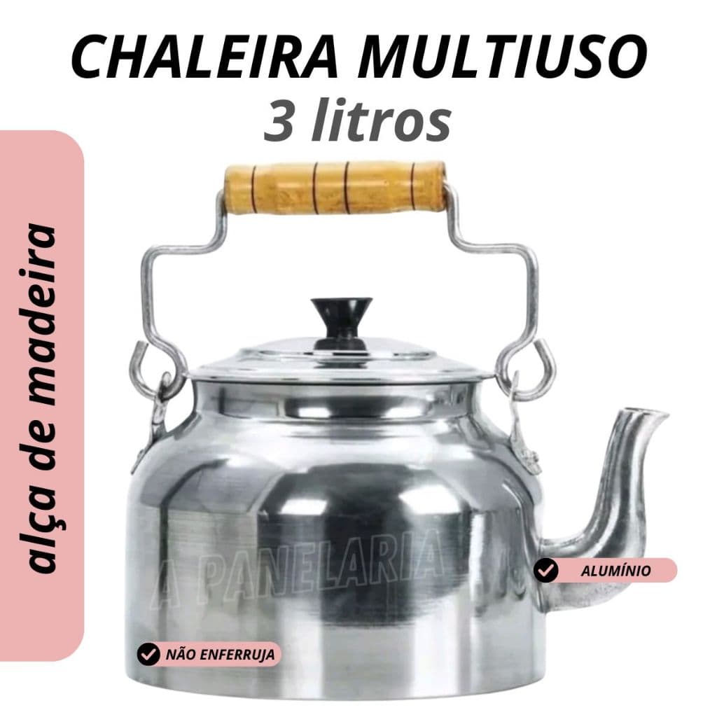 Chaleira Alumínio Polido 3 Litros alumínio cabo de madeira fervedor leite chá café leiteira bule xaleira