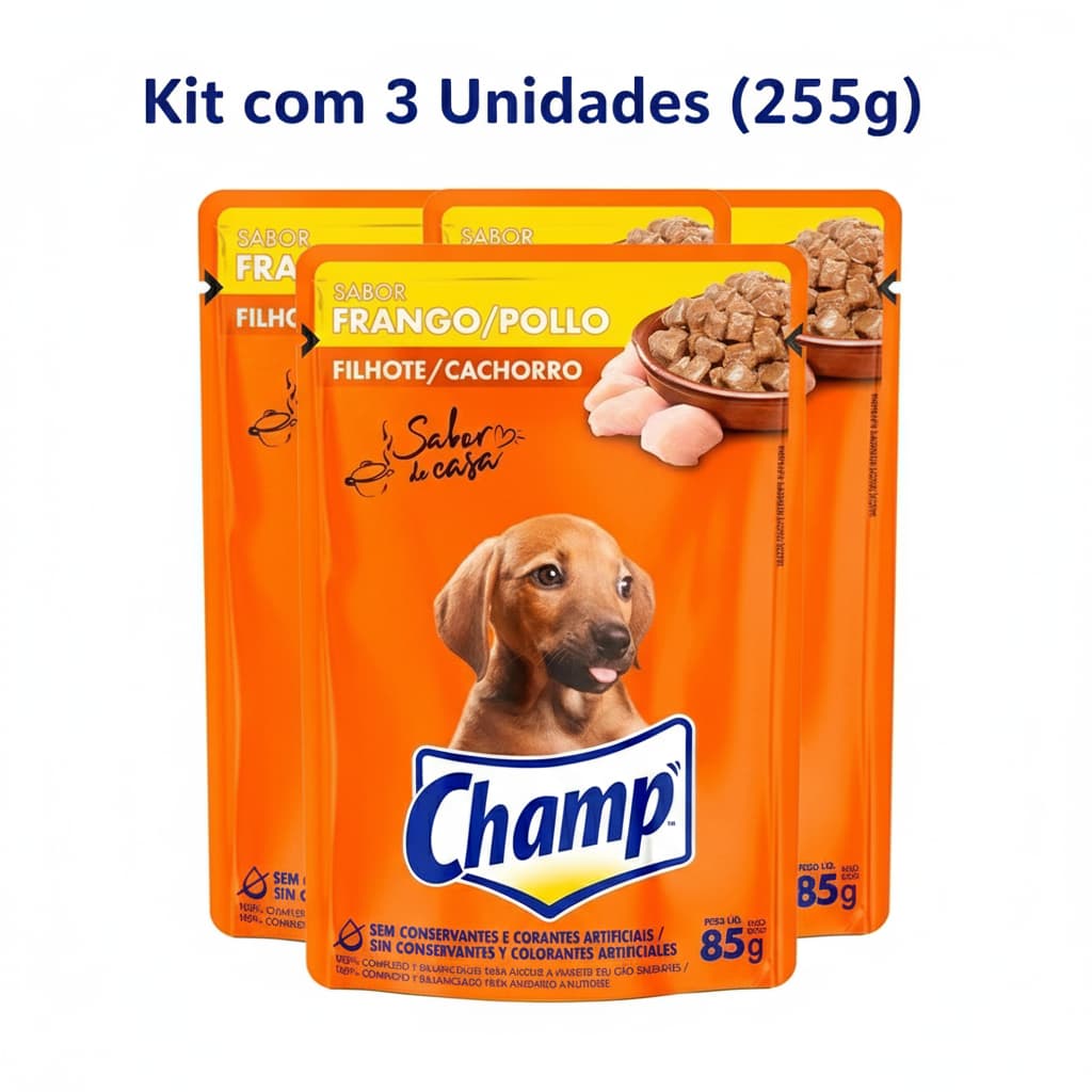 Kit 3 Unidades Ração Para Cachorro Filhote Champ Frango Sache 85G - Embalagem Lacrada e Original