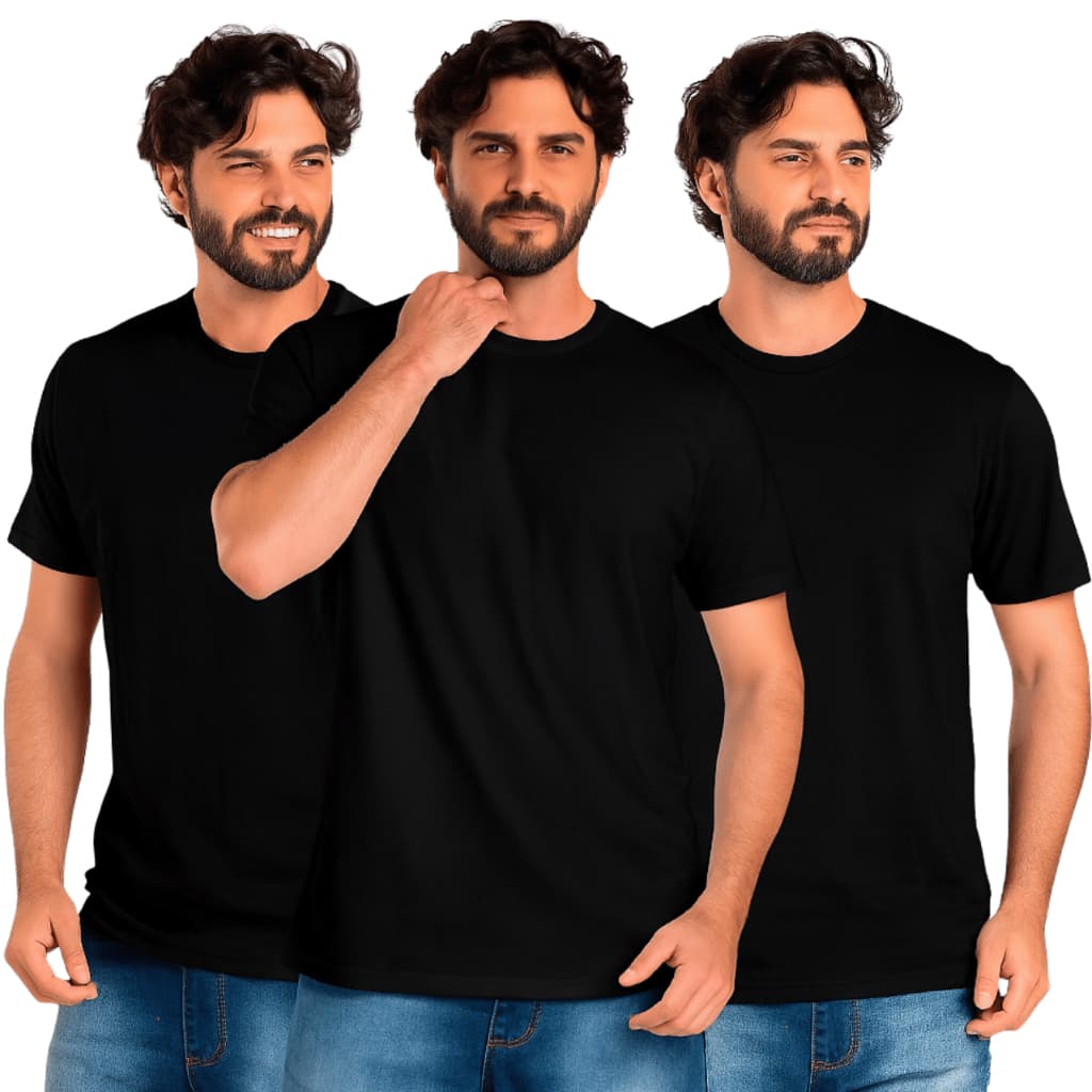 Kit 3 Camisetas Preta Básica Algodão Manga Curta Confortável Unissex Costura Overlock