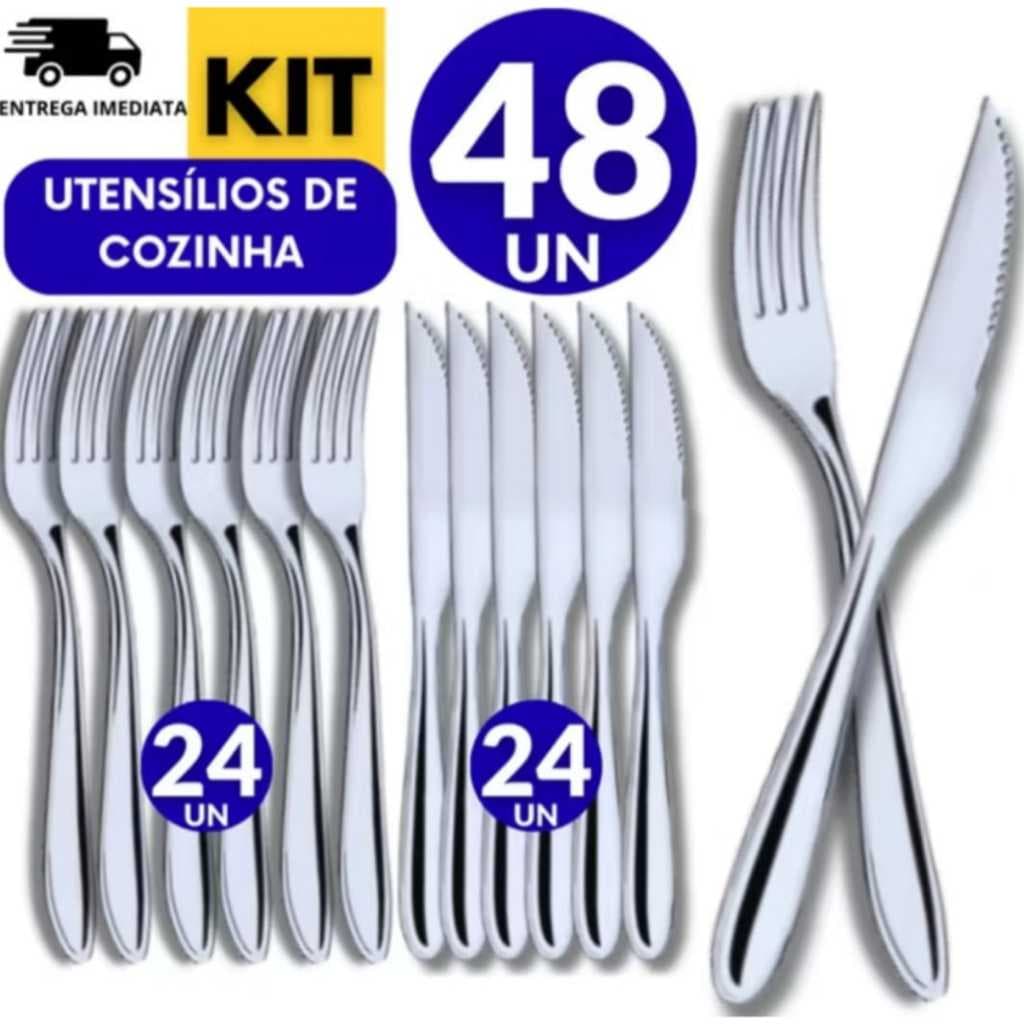 Kit 48 UN - Utensílios inox 24 garfos 24 facas Premium Casa Cozinha Buffet Restaurante