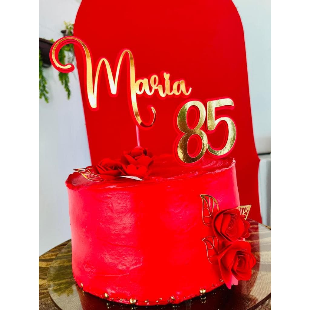 Topo Topper de Bolo Personalizado 3D Nome, idade e flores