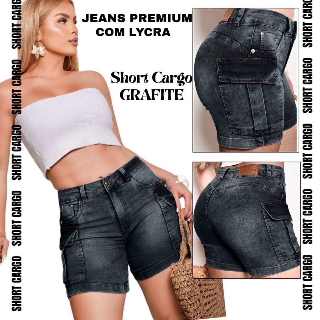 Short cargo Jeans feminino com lycra (estica) grafite, cintura alta, premium