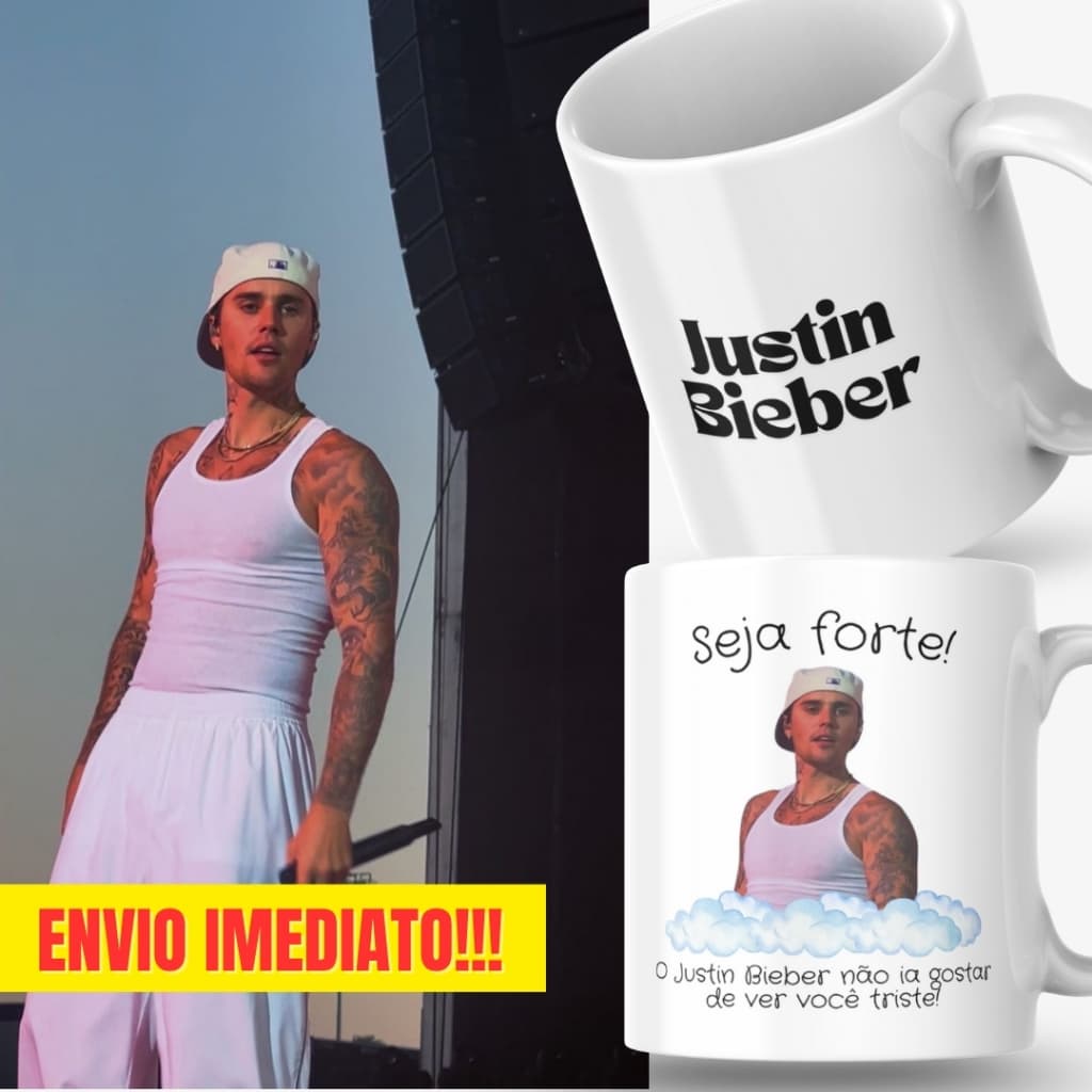 Caneca Xicara Porcelana 325ml Seja Forte Justin Bieber Personalizada Presente Decoração Casa