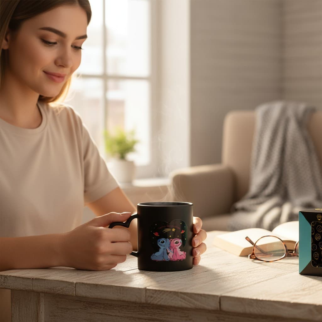 Caneca xicara da Stich e Angel namorados magica muda de cor presente zona criativa top de linha
