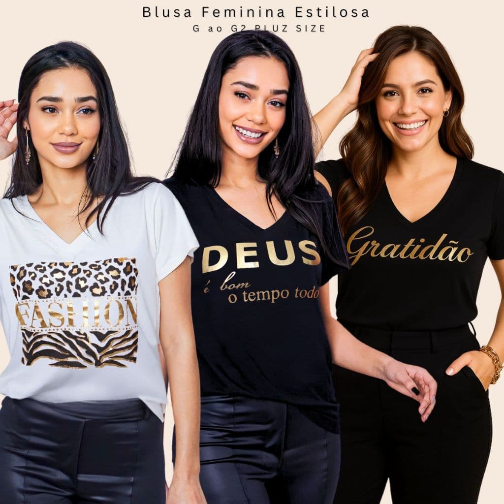 KIT 3 OU 1 UNIDADE Blusa Estilosa Camiseta Gola V Feminina | Estampa Premium |  M ao G2 Plus Size Curve