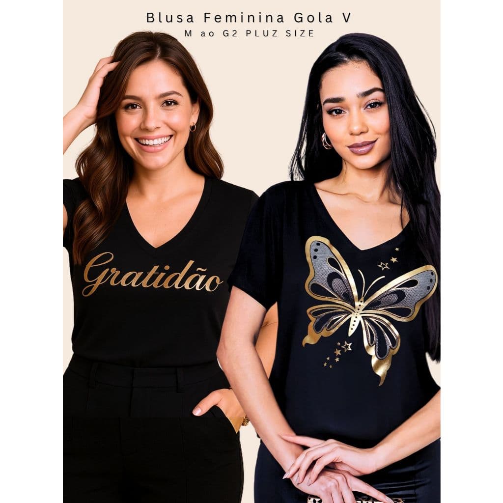 kIT 2 Blusa Feminina Estilosa Camiseta Gola V Tecido Viscolycra Estampa Premium M ao G2 Plus Size Curve