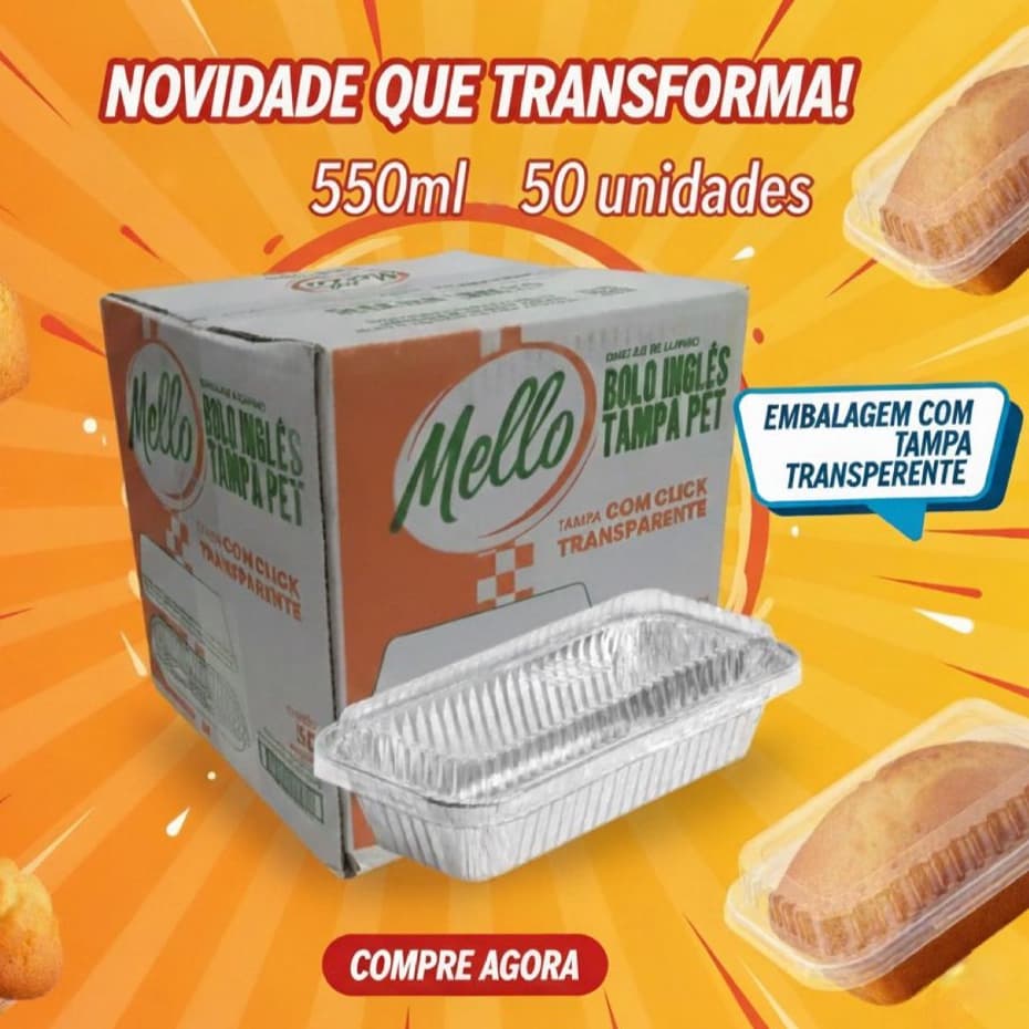 Forma bandeja descartável de Alumínio Bolo Inglês com Tampa Transparente Pet 550ml Mello 50Un
