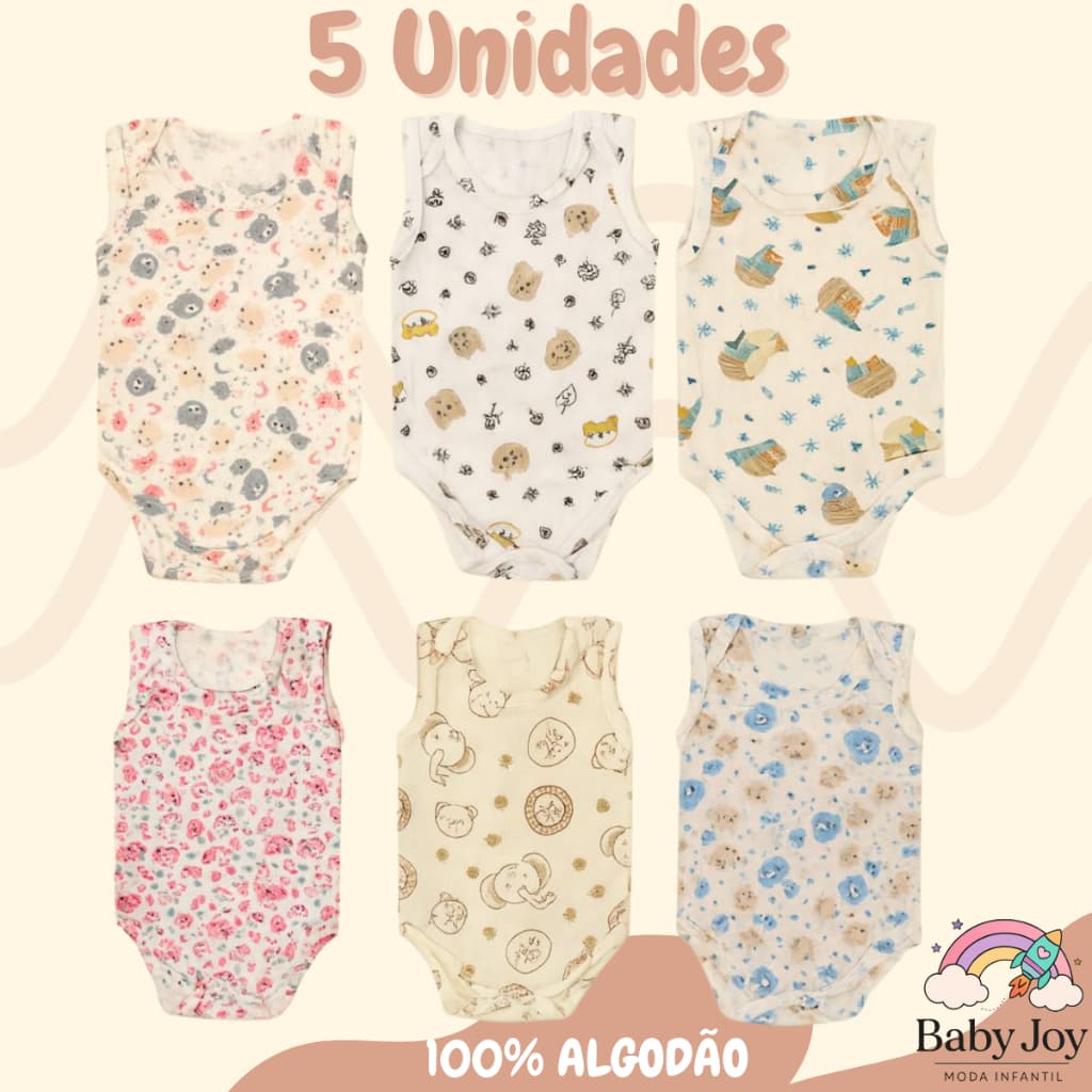Kit 5 Body Regata Ribana Estampada Sem Manga Infantil Bebê Menino Menina Top Envio Imediato