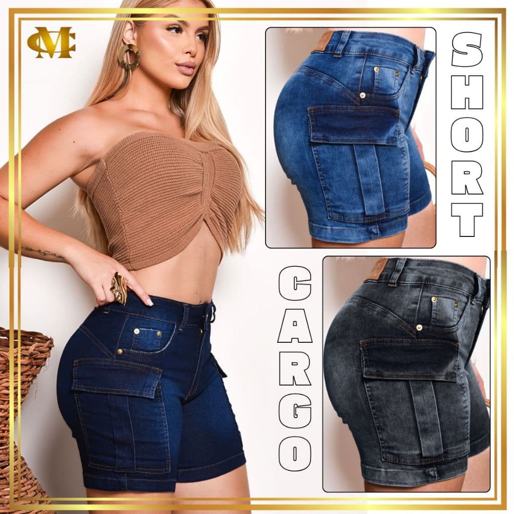 Short Cargo Cintura Alta Blogueira com LYCRA Levanta Bumbum Moda Verão
