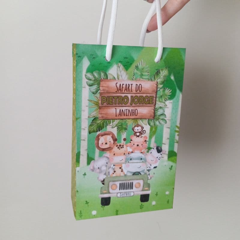 10 | 20 | 30 Sacolinhas Surpresa Lembrancinha Personalizada Safari Menino - PEGUE E MONTE - Com Nome e Idade
