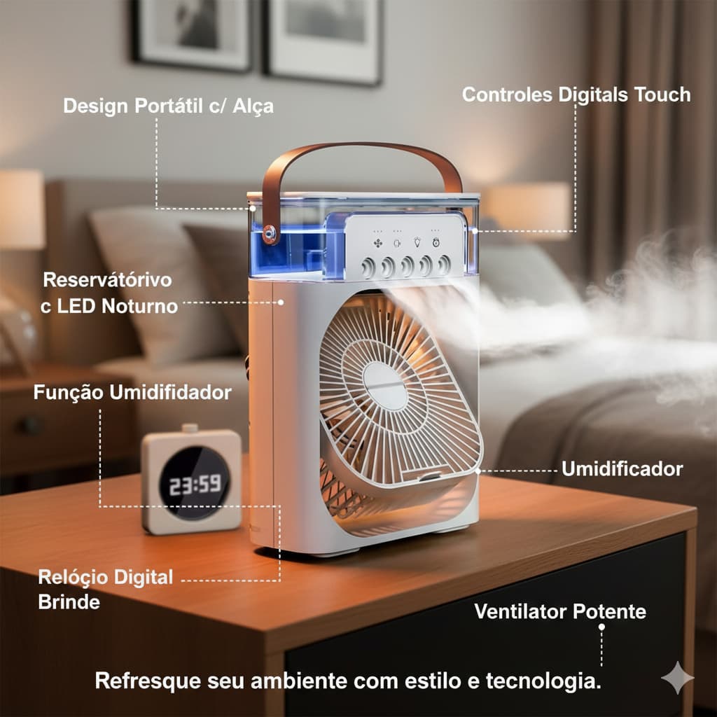 Ventilador Portátil de Mesa Mini Ar Condicionado Umidificador Climatizador Led 3 Velocidades
