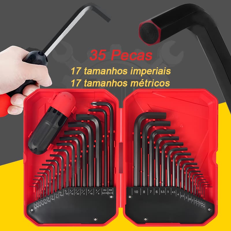 Kit de Chaves Allen com 35 Peças - Conjunto Hexagonal Interno Métrico e Imperial, Chave Allen em L com Ponta Plana