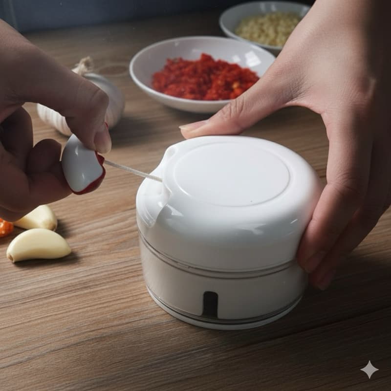 Mini Triturador Manual de Alho e Temperos – 300ml com Corda Retrátil, Lâminas Inox, Prático e Rápido