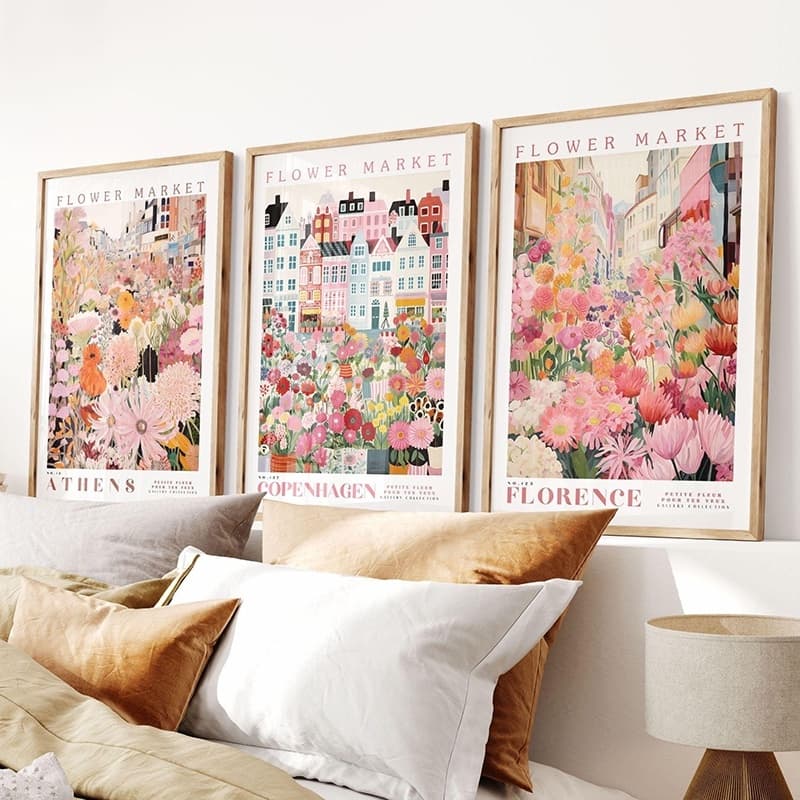 Quadros Decorativos Florais Mercado de Flores - em Vinil MDF Rosa e Pêssego Moderna