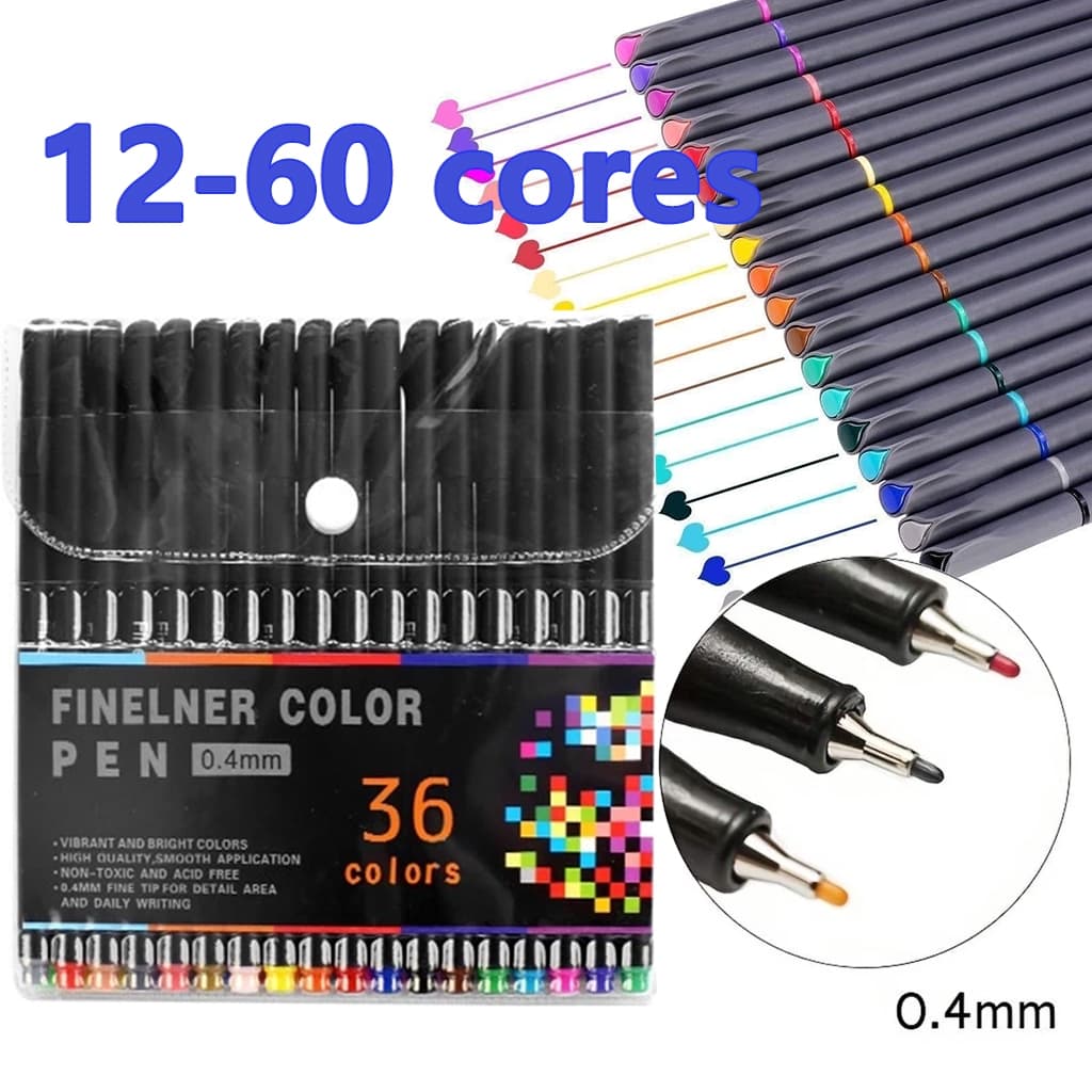 KIT Com 12/24/36/48/60 Cores Canetas Coloridas Fine Line Ponta Fina Fineliner 0.4mm 1ª Linha