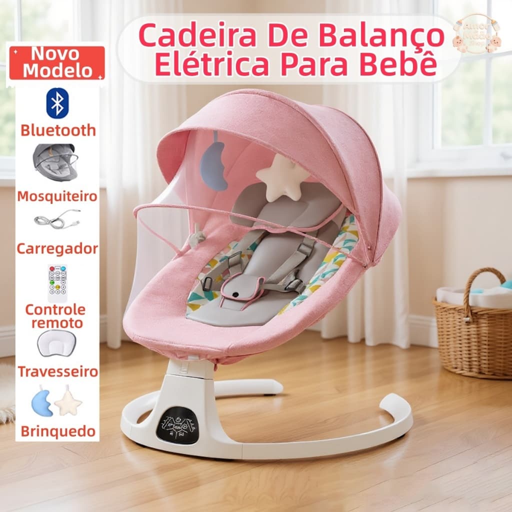 Cadeira de Descanso Balanço para Bebê com Música Mosquiteiro Controle Remoto Premium
