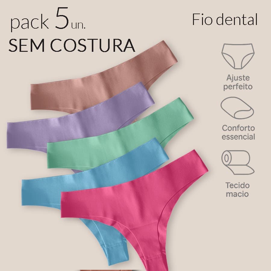 Kit 5 Calcinhas Feminina Fio Dental Sem Costura Não Marca Toque Macio