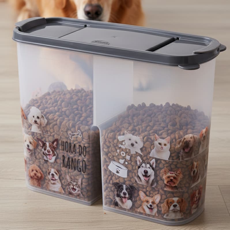 Pote Porta Ração Pet Cachorro Duas Divisórias Estampado Hora Do Rango Transparente Plasútil 2,4L