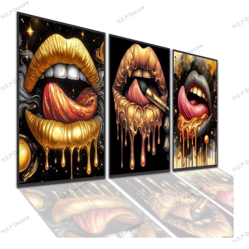 Kit 3 Quadros Decorativos - Lips Art: Ouro, Luxo e Sedução