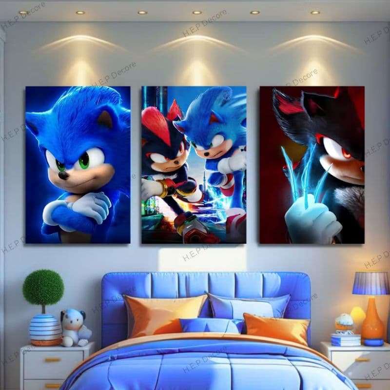 Kit 3 Quadros Decorativos Premium - Sonic vs. Shadow: O Confronto Épico!