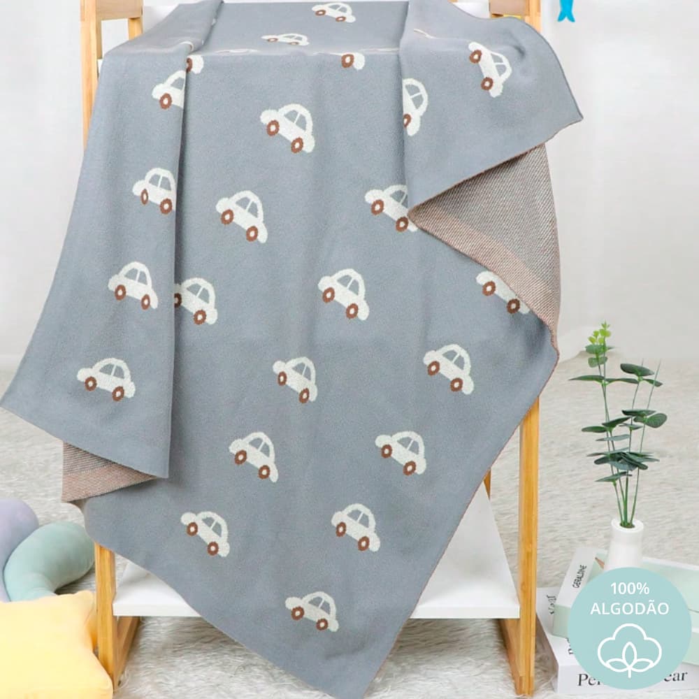 Mantinha Bebê Menino Carrinhos Tricot 100% Algodão Manta Macia e Durável para Saída Maternidade