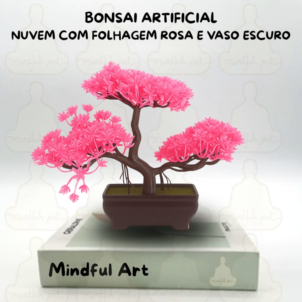 Bonsai Estilo Nuvem Zen – Planta Artificial com Folhagem Rosa Decorativa e Vaso Escuro Minimalista