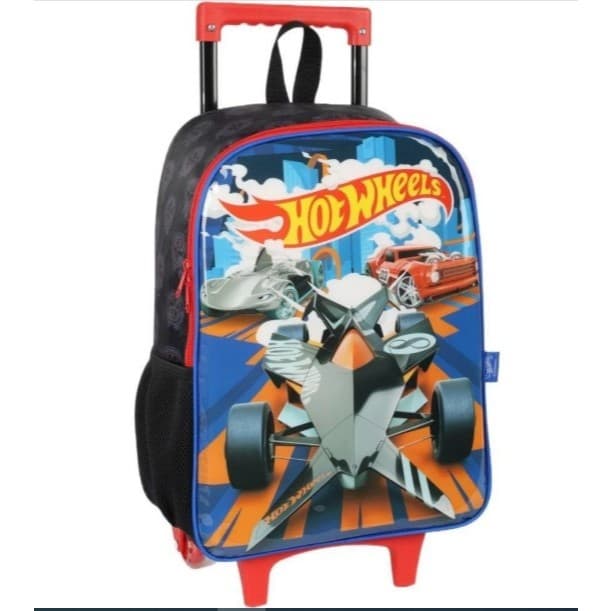Mochila Mala Bolsa Grande Nº 16 Infantil Com Rodinha Hot Wheels Preta - Luxcel