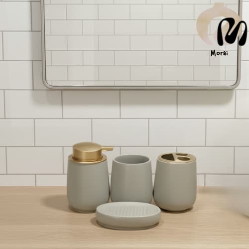 Kit de 4 peças para banheiro de cerâmica - saboneteira, porta-saboneteira líquida, escova e copo