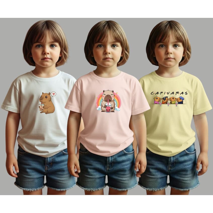 Kit 3 Camisetas Infantil Feminina Com Estampa de Capivara T-shirt 100% Algodão