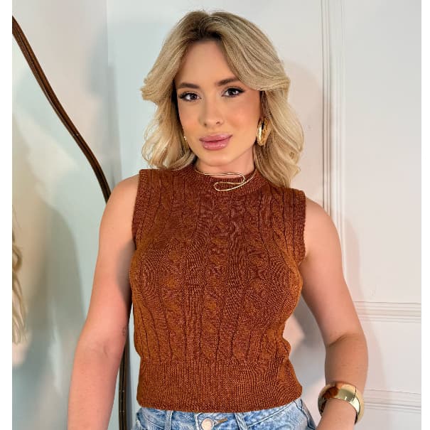 Colete Tricot Modal Feminino Estiloso com Detalhes em Trança Cropped Roupa Feminina Inverno Verão