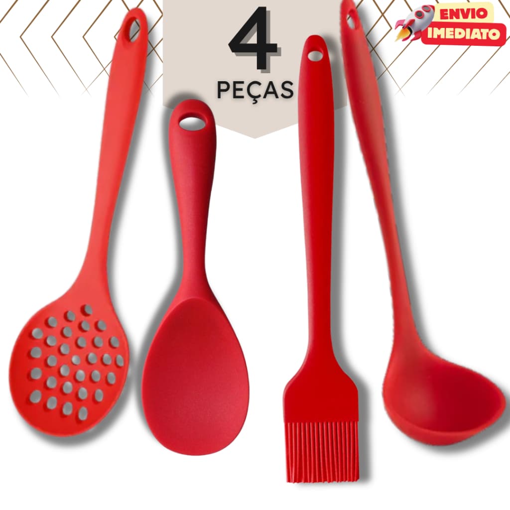 Jogo com 4 ou 8 Utensílios de Cozinha em Silicone – Escumadeira, Concha, Pincel e Colher de Servir