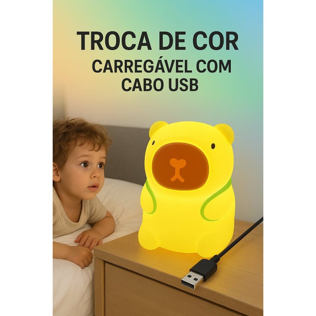 Luminária Infantil Capivara LED Colorido Toque Suave e Recarregável por USB