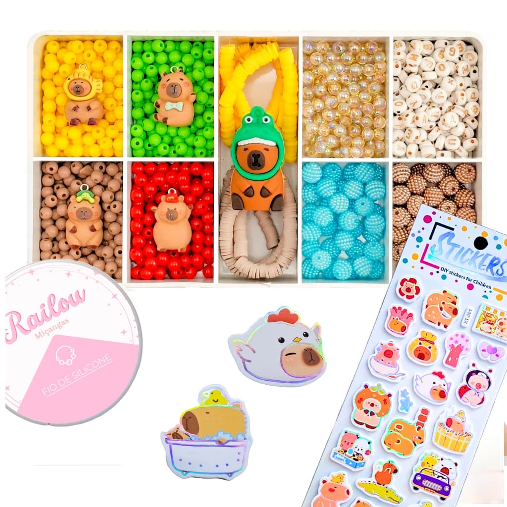 Kit Miçangas Infantil de Capivara Para Fazer Pulseira e Colar + Fio de Silicone presente ideal DYE