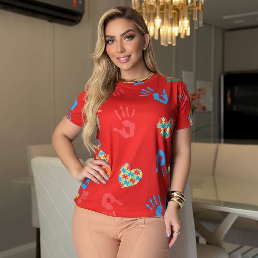 T-shirt Feminina Autismo Camiseta Baby Look Suede Inclusão Autista Blusa Manga Curta