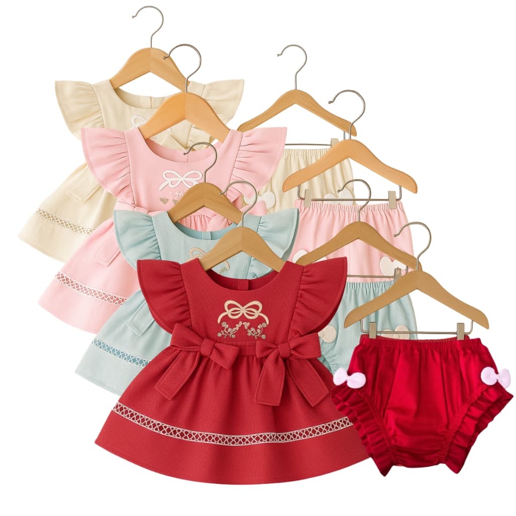 Vestido bordado com calcinha trabalhada para bebês 0 a 9 meses conjunto para meninas
