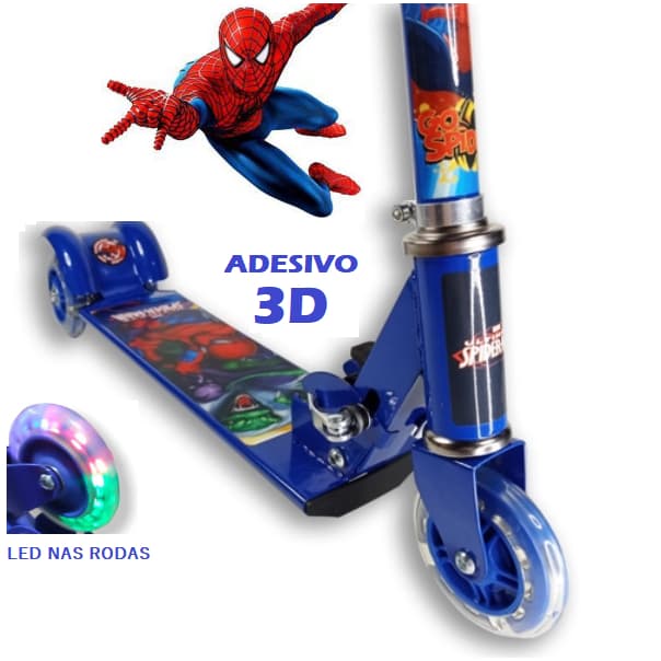 Patinete Azul Infantil Sonic Homem Aranha Frozen de Ferro Com Led Nas 3 Rodas Buzina 3 a 5 Anos